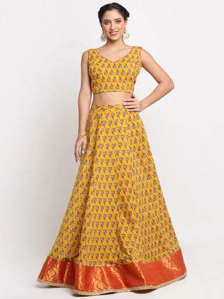 Cotton Yellow & Red Printed Lehenga Choli Set with Foil Detailing Chinon Dupatta