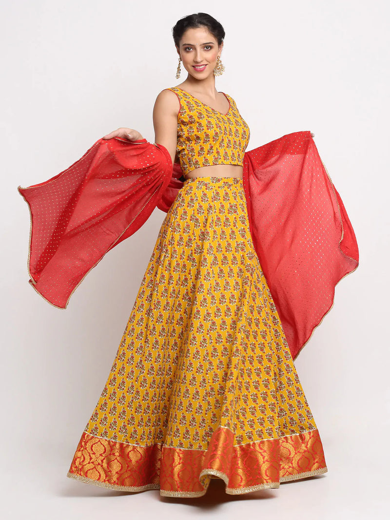 Cotton Yellow & Red Printed Lehenga Choli Set with Foil Detailing Chinon Dupatta