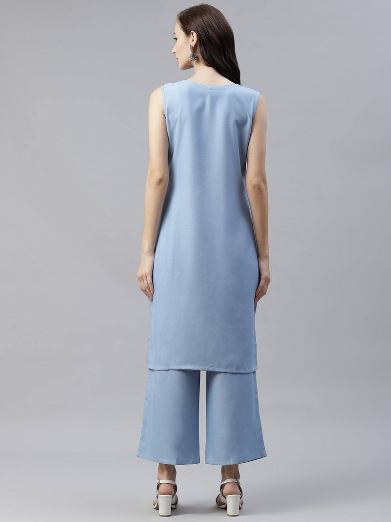 Sky Blue Sleeveless Printed Kurta Pant - Ria Fashions