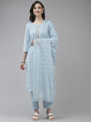 Cotton Light Blue Motif Print & Gotta Patti Suit Set with Dupatta