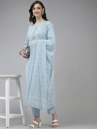 Cotton Light Blue Motif Print & Gotta Patti Suit Set with Dupatta