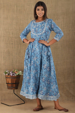 Cotton Light Blue Embroidery & Mirror Detailing Gown - Ria Fashions