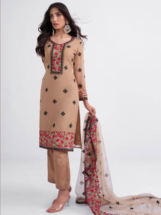 Light Brown Georgette Multi Color Thread Embroidered Suit Set with Net Dupatta