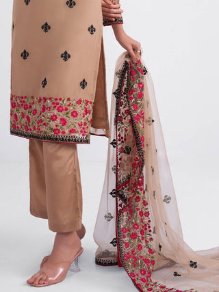 Light Brown Georgette Multi Color Thread Embroidered Suit Set with Net Dupatta
