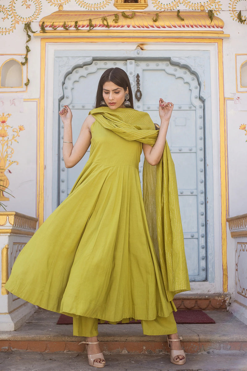 Cotton Rayon Green Anarkali Set - Ria Fashions
