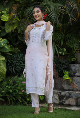 Light Peach Modal Silk Zari Embroidered & Mirror Detailing Suit Set with Dupatta