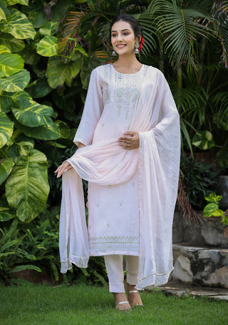 Light Peach Modal Silk Zari Embroidered & Mirror Detailing Suit Set with Dupatta