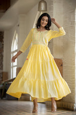 Cotton Yellow Embroidery & Mirror Detailing Gown - Ria Fashions