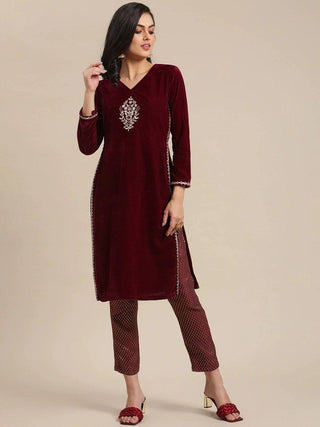 Maroon Embroidered Velvet Kurta Set - Ria Fashions