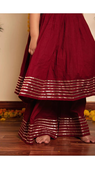 Solid Maroon Cotton Gota Lace Detailing Anarkali Set