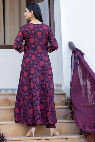 Cotton Maroon Printed Anarkali Style Suit Set with Dupatta