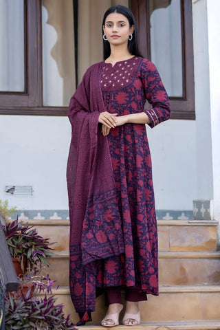 Cotton Maroon Printed Anarkali Style Suit Set with Dupatta