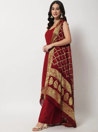 Maroon Silk Solid Co-rd Set with Georgette Banarasi Cape