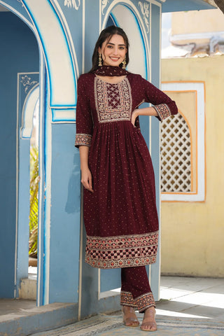 Maroon Rayon Printed & Embroidered Suit Set with Chiffon Dupatta