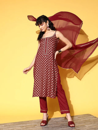 Maroon Rayon Foil Print Suit Set with Dupatta