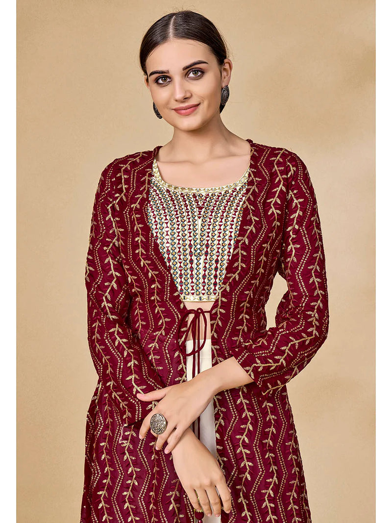 Maroon & White Georgette Gold Embroidered Jacket Style Sharara Set