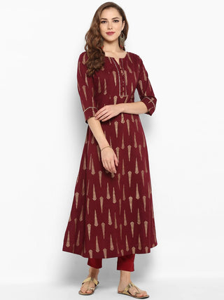 Cotton Maroon Gold Print A Line Kurta