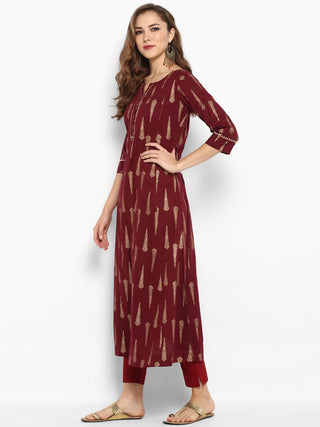 Cotton Maroon Gold Print A Line Kurta