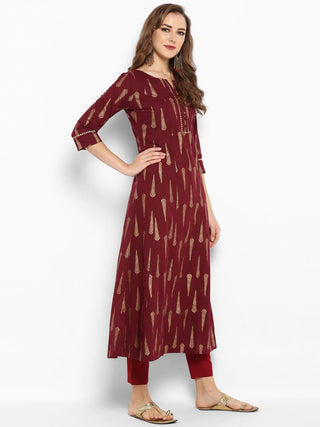 Cotton Maroon Gold Print A Line Kurta