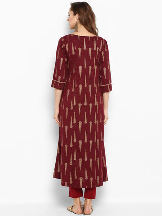 Cotton Maroon Gold Print A Line Kurta