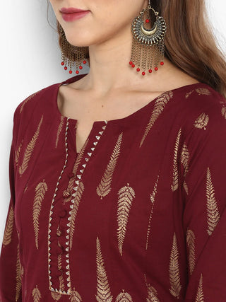 Cotton Maroon Gold Print A Line Kurta