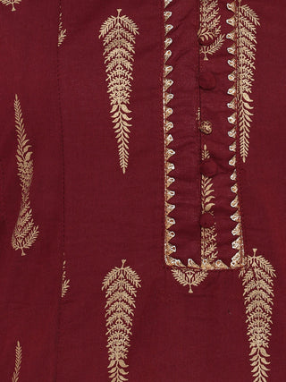 Cotton Maroon Gold Print A Line Kurta