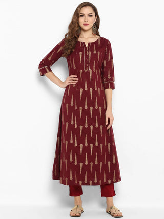 Cotton Maroon Gold Print A Line Kurta