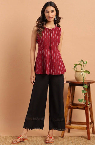 Maroon Cotton Sleeveless Geometric Print Top - Ria Fashions
