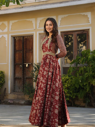 Maroon Rayon Flared Printed Gown