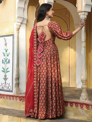 Maroon Chanderi Printed Gown with Organza Dupatta