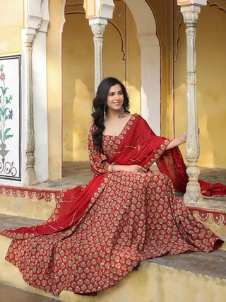 Maroon Chanderi Printed Gown with Organza Dupatta