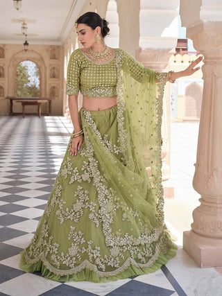 Mehendi  Green Embroidered and Sequinned Lehenga Suit Set - Ria Fashions