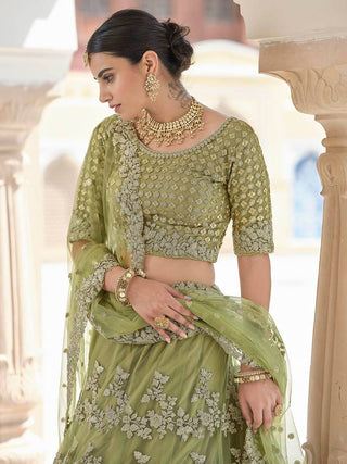 Mehendi  Green Embroidered and Sequinned Lehenga Suit Set - Ria Fashions
