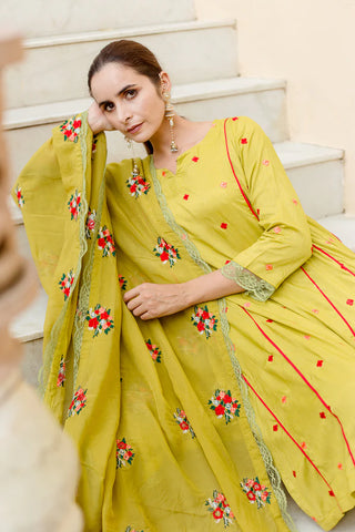 Mehendi Green Raw Silk Embroidered Suit Set with Organza Dupatta