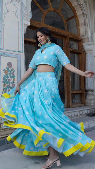 Blue Muslin Flower Print Lehenga Set with Chiffon Dupatta