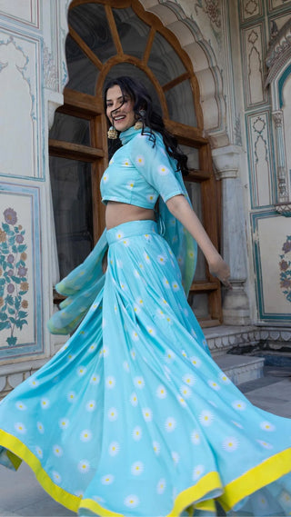 Blue Muslin Flower Print Lehenga Set with Chiffon Dupatta