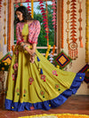 Lime Green Muslin Cotton Embroidered Lehenga Set with Printed Jacket