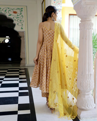 Cotton Yellow & Honey Sleeveless Hand Block Print Anarkali Kurta Set - Ria Fashions