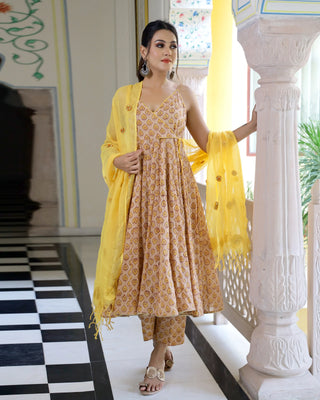 Cotton Yellow & Honey Sleeveless Hand Block Print Anarkali Kurta Set - Ria Fashions