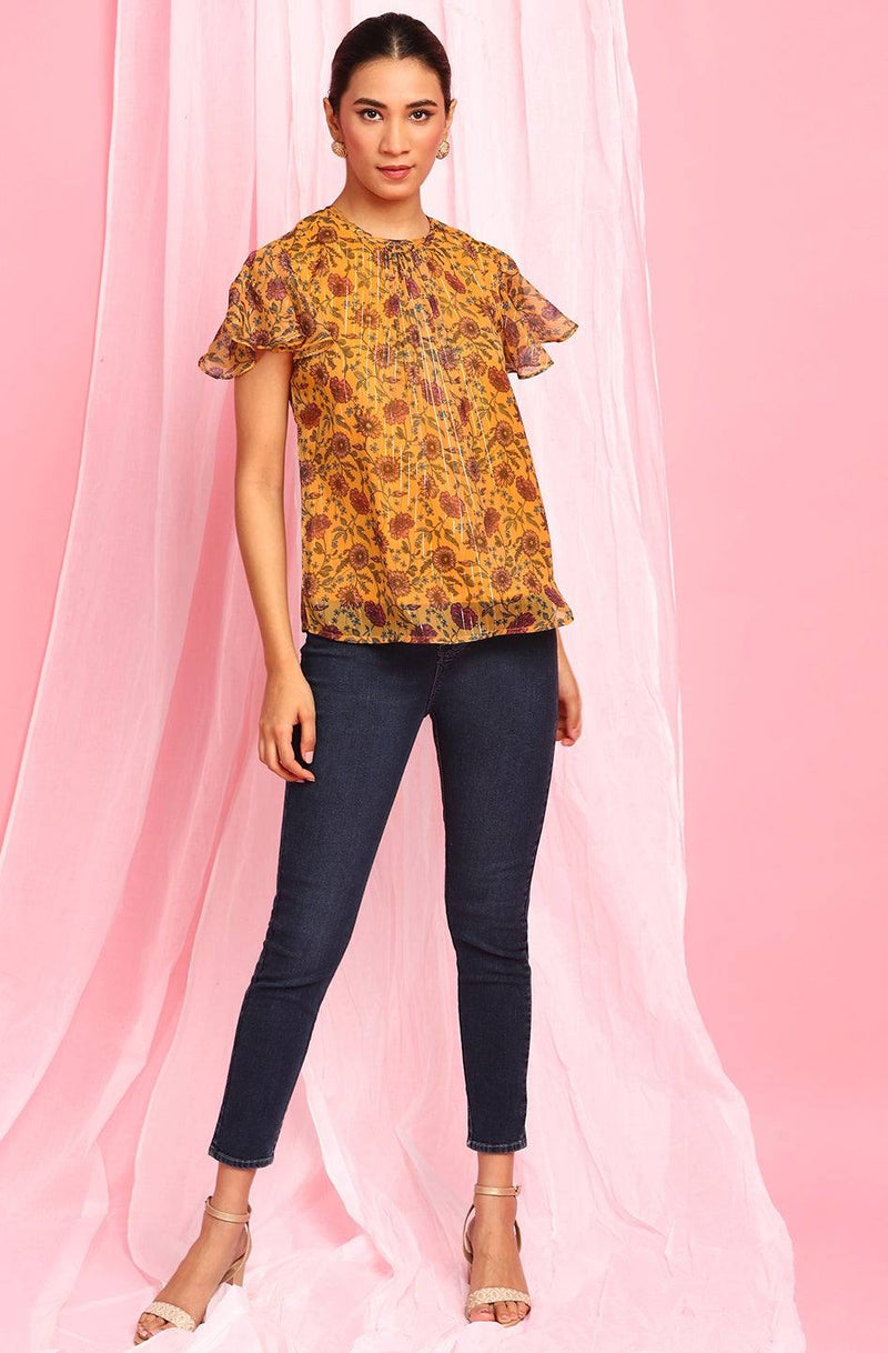 Yellow Poly Georgette Floral Print Top - Ria Fashions
