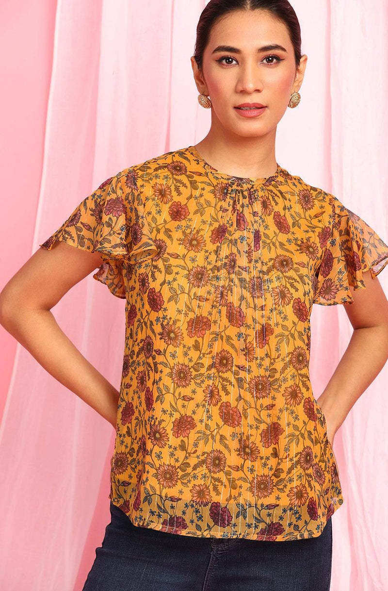 Yellow Poly Georgette Floral Print Top - Ria Fashions