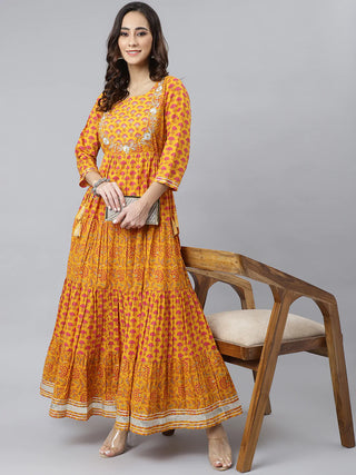 Cotton Yellow Floral Print Anarkali Style Kurta