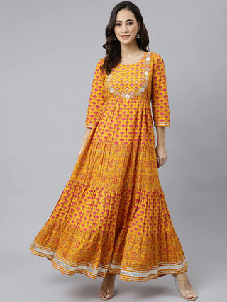 Cotton Yellow Floral Print Anarkali Style Kurta