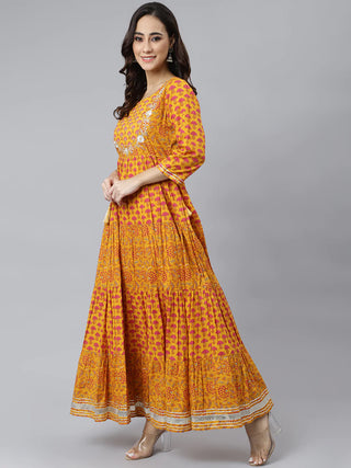 Cotton Yellow Floral Print Anarkali Style Kurta