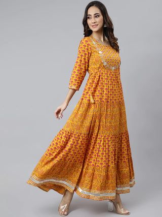 Cotton Yellow Floral Print Anarkali Style Kurta