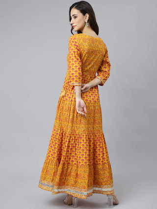 Cotton Yellow Floral Print Anarkali Style Kurta