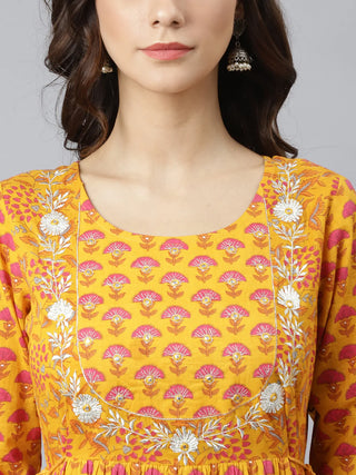 Cotton Yellow Floral Print Anarkali Style Kurta