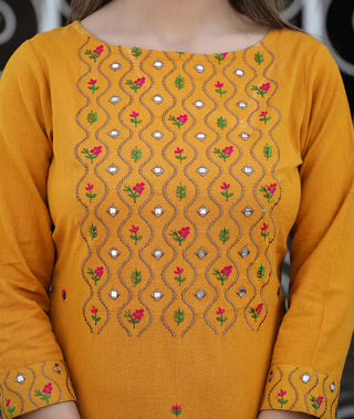 Cotton Yellow Floral Embroidered Kurta Pant Set