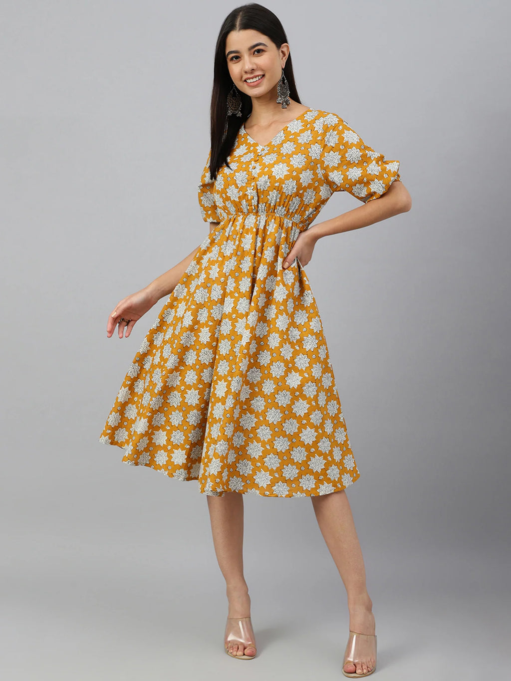Mustard Cotton Floral Print Western Style Dress