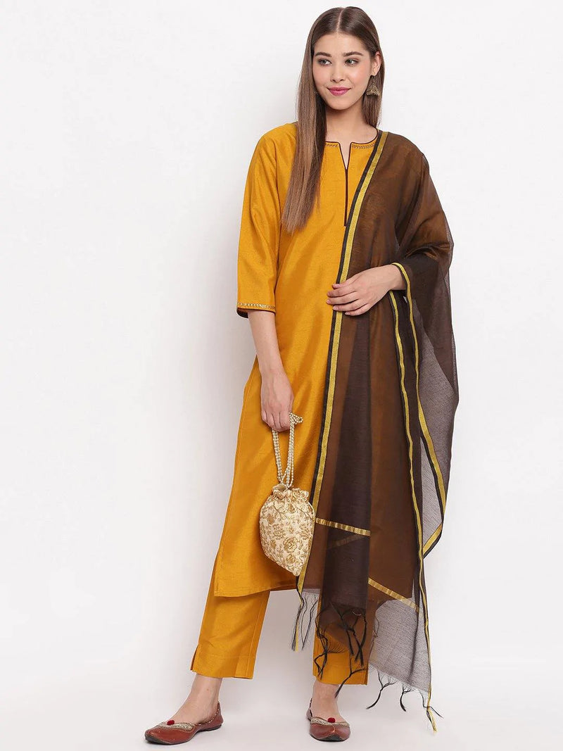 Solid Mustard Poly Silk Suit Set with Black Dupatta